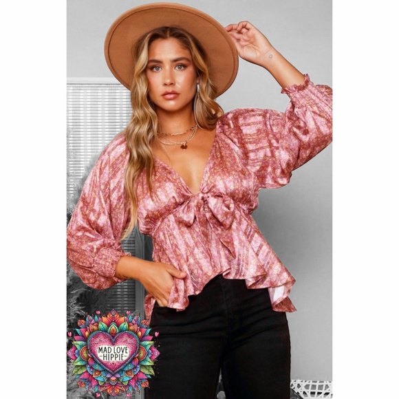 Peach Love California Tops - Peach Love Pink Satin Floral Print V Neck Sparkle Accent Babydoll Top with Bow